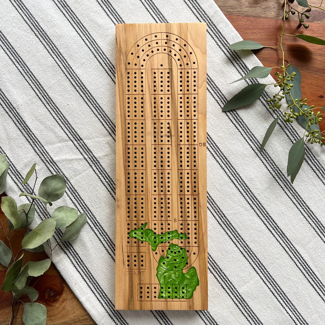 Spalted Maple Three Track Cribbage Board - Candy Apple Green Michigan
