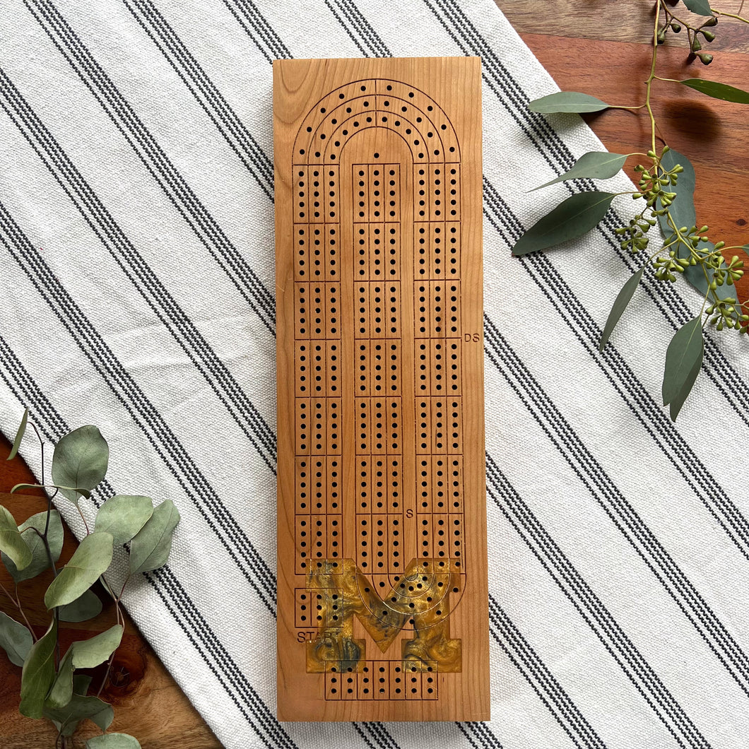 Cherry Three Track Cribbage Board - Maize and Blue U of M