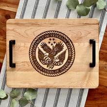 Load image into Gallery viewer, Corporate Bulk Gifts / 12 x 16&quot; Large Wood Serving Platter with Cast Iron Handles
